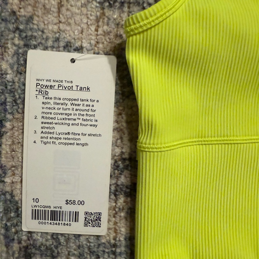 Lululemon Power Pivot Ribbed Tank Top Highlight Yellow‎ 10 NWT - Picture 3 of 3